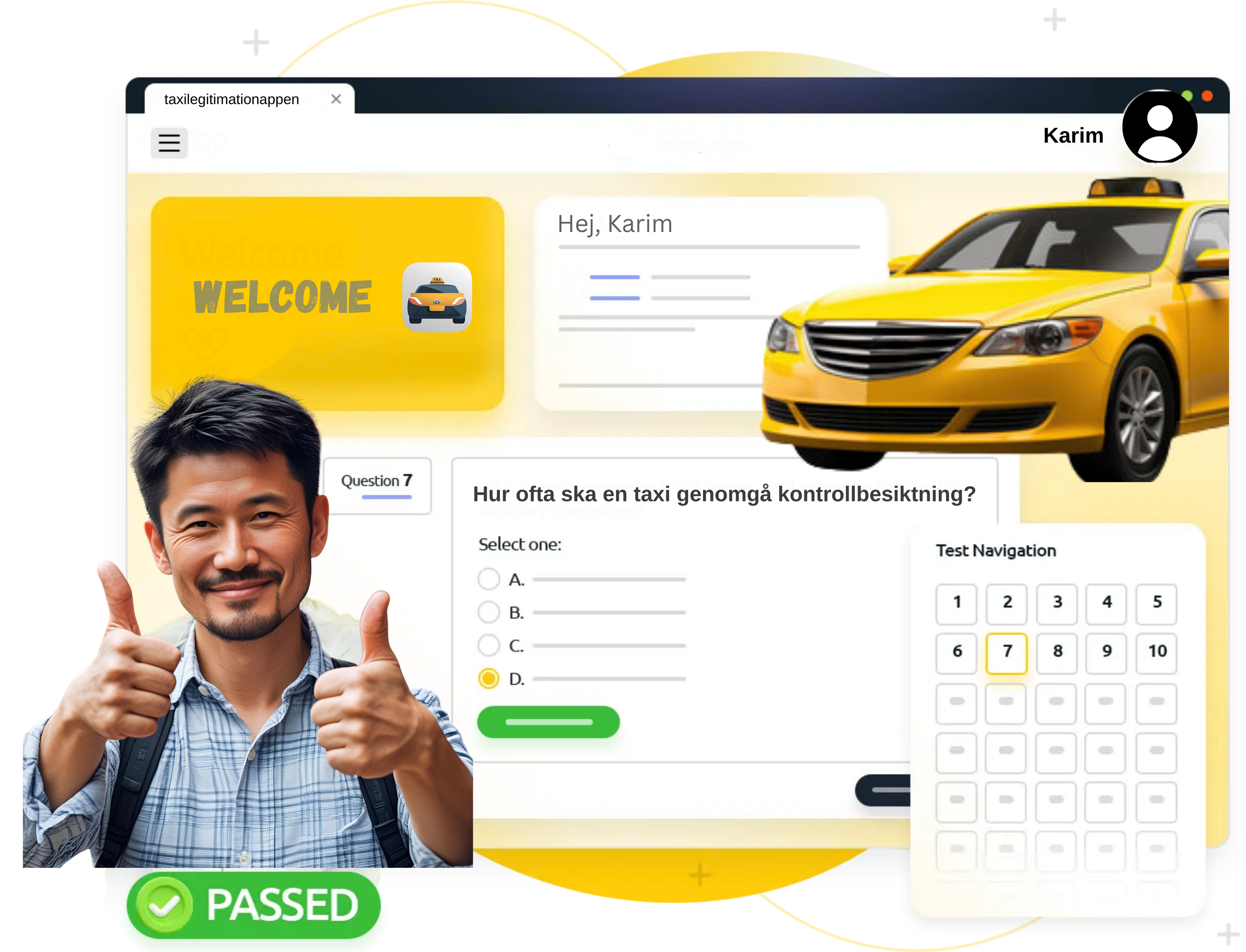 Person som studerar taxi legitimation online med laptop och övningsmateria